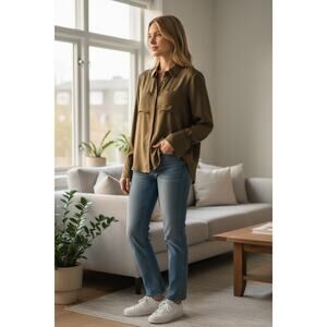 RAMY BROOK Top NEW Size XXS Aliza Satin Olive Green $365 Long Sleeve